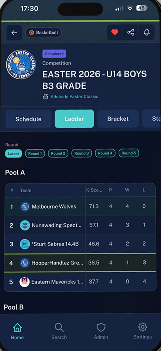 The GameDay app showing a junior basketball competition ladder
